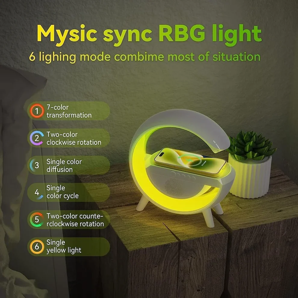 G Shape Led Table Lamp with Wireless Charging, Alarm Clock & Music Speaker - Image 3